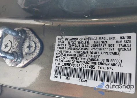 2008 Honda Cr-V Ex from USA, damaged, VIN 5J6RE48518L011495